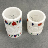 Carved White Marble Elephants & Votive Holders w Inlays