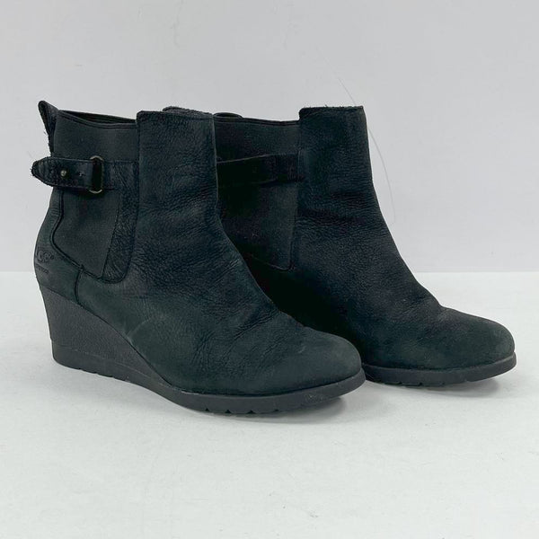 Ugg Indra Black Leather Wedge Ankle Boots Women's Sz 8