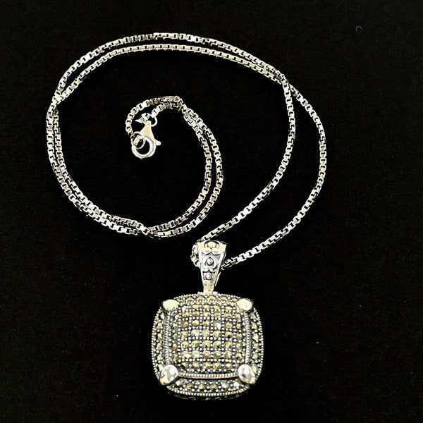 Suspicion Sterling Silver 18" Detailed Square Marcasite Pendant Necklace, 12.91g