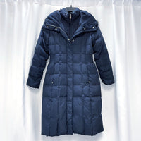 Wmns COLE HAAN Down Filled Navy Blue Long Hooded Quilted Long Puffer Coat Sz XS