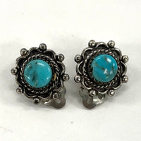 925 Sterling Silver Filigree Bezel Set Turquoise Clip Back Earrings 4.33 Grams