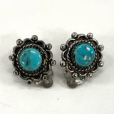 925 Sterling Silver Filigree Bezel Set Turquoise Clip Back Earrings 4.33 Grams