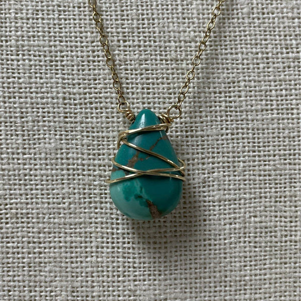 Gold Filled Wire Wrapped Turquoise Pendant With 20 Inch Adjustable Chain