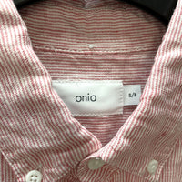 Mens ONIA 100% Linen Red & White Striped Short Sleeve Button Down Shirt Sz S