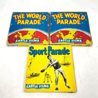 3pc VNTG Castle Films 8mm Film Reels - World Parade & Sport Parade