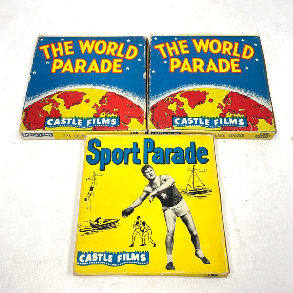 3pc VNTG Castle Films 8mm Film Reels - World Parade & Sport Parade