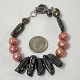 925 Sterling Silver Iridescent Biwa, Pink Pearl Bracelet 15.70 Grams 6 1/4