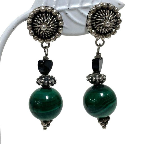 Sterling Silver Dangle Earrings w/ Malachite & Onyx Bead Accents, 13.48g