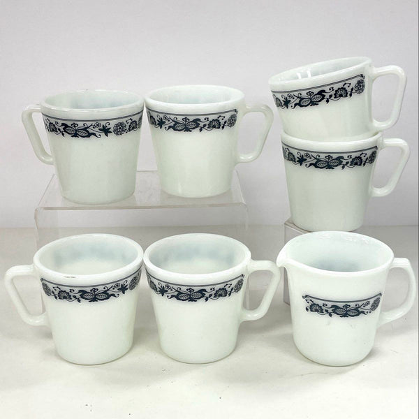 7pc Pyrex Ovenware Old Town Blue Pattern Glass Mug & Creamer Lot