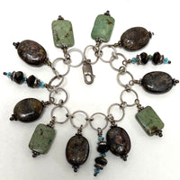 8" Sterling Silver Toggle Bronzite & Green Jasper Dangle Bracelet, 58.23g