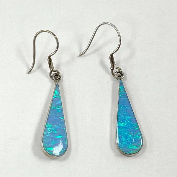 Sterling Silver Elongated Tear Drop Lab Opal Inlay Dangle Earrings, 1.72g