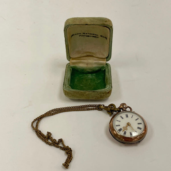 Antique Cylindre 10 Rubis Silver Case Pocket Watch W/ Fob Chain and Original Box