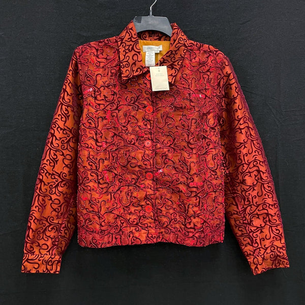 NWT Wmns COLDWATER CREEK Dark Red Velvet Burnout Beaded Lightweight Jacket Sz M