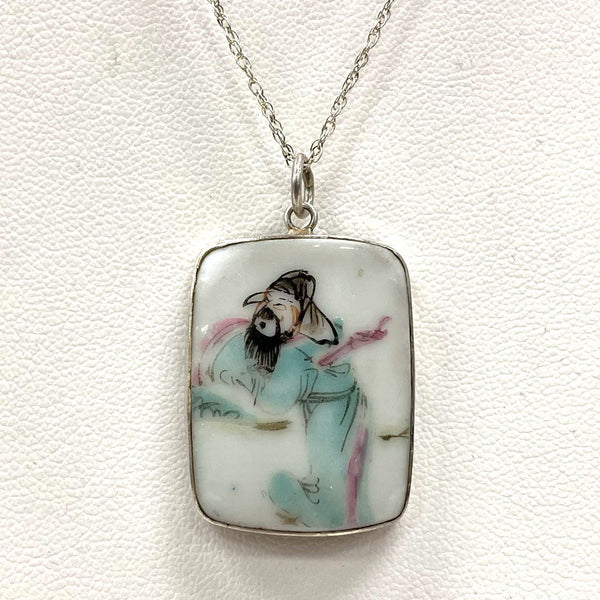 18" Sterling Silver Hand-painted Porcelain Shard Pendant Necklace, 5.54g