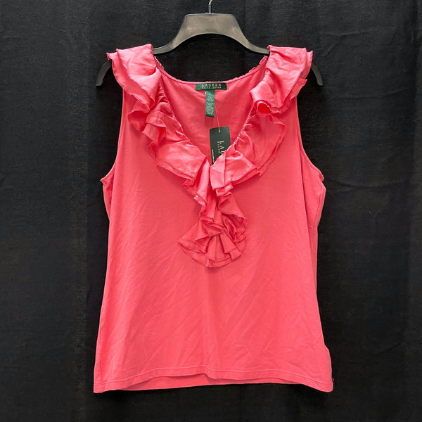 NWT Wmns LAUREN RALPH LAUREN Pink Ruffle V-Neck Tank Top Sz L MSRP$79.5