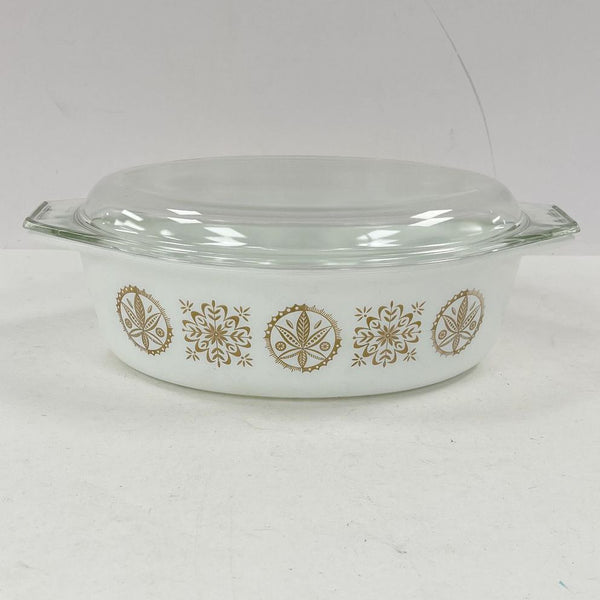 Vintage Pyrex Glass Casserole Dish 2.5 Qt "Hex Signs" Gold on White