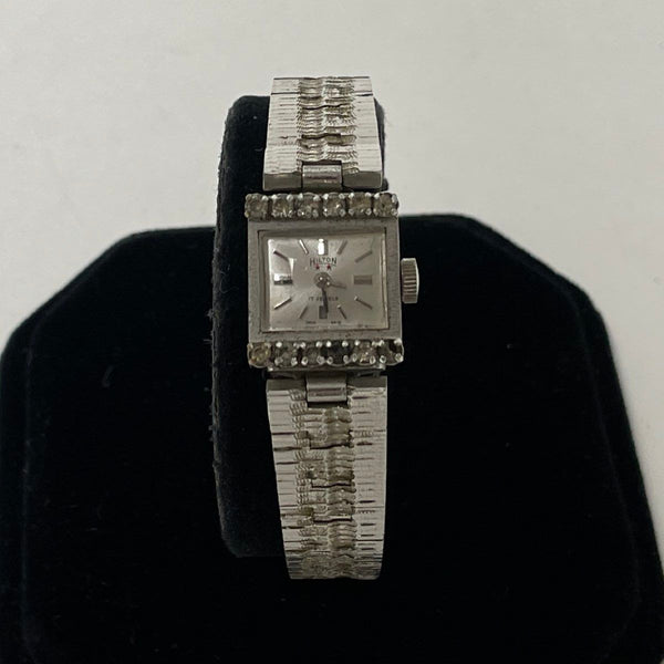 VTG Ladies HILTON 17 Jewels Silver Tone Swiss Wristwatch With Crystal Accents