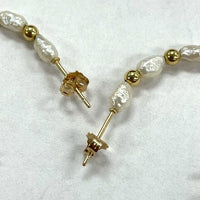 14K Yellow Gold Genuine Pearl & Beaded Half Hoop Post Earrings, 1.79g