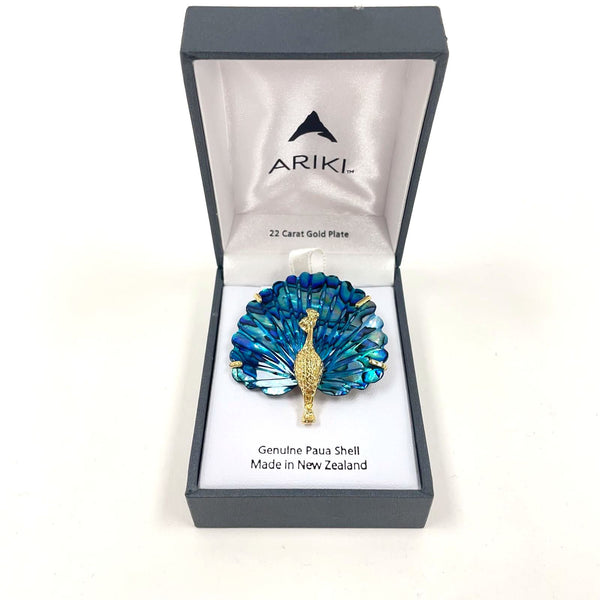 Ariki 22K Gold-Plate Peacock Pin With Carved Paua Shell Tail From New Zealand