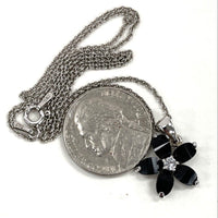 925 Sterling Silver Black Tourmaline W/CZ Flower Pendant 2.6g