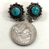 925 Sterling Silver Filigree Bezel Set Turquoise Clip Back Earrings 4.33 Grams