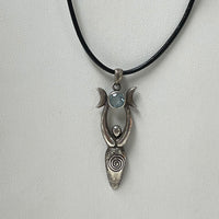 925 Sterling Silver Greek Goddess Gaia Pendant W/ Blue Topaz Stone W/ Black Cord