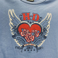 Girls Y2k '06 HARLEY DAVIDSON Blue Heart & Wings Graphic Tee T-Shirt Sz 2X