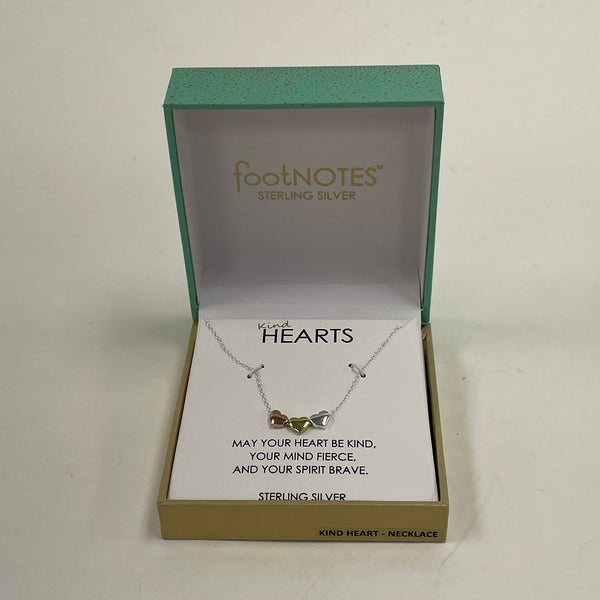 925 Sterling Silver Footnotes Tri-Colored Hearts Necklace New In Box 18" Length