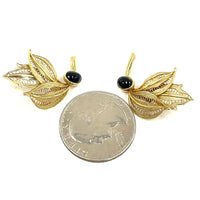 14K Yellow Gold Filigree Leaf Post Earrings with Onyx Accents, 4.96g