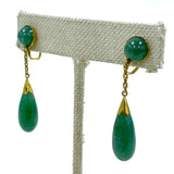 Vintage 14K Yellow Gold & Green Aventurine Screwback Style Drop Earrings 1.75"