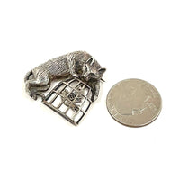 Vintage Jezlaine Sterling Silver Cat & Bird in Cage Pin/Brooch, 10.4g