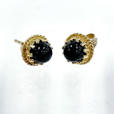 14K Yellow Gold & Black Tourmaline Cabochon Bali Style Post Earrings 7mm 1.31g