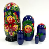 Dark Blue Floral Russian Matryoshka Nesting Dolls Complete Set of 5