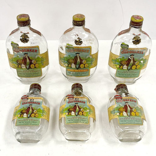 Vintage Old Quaker Straight Bourbon & Rye Whiskey Clear Glass Bottles 6 Pc.
