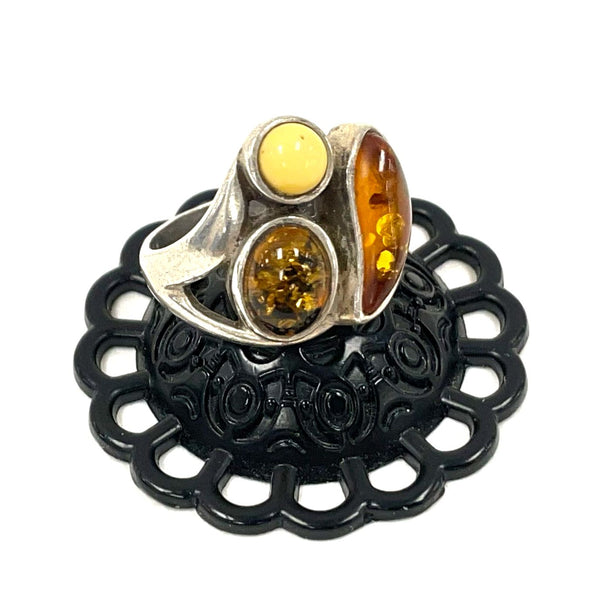 Sterling Silver Sz. 6 Abstract-Style 3-Stone Amber Ring, 5.55g
