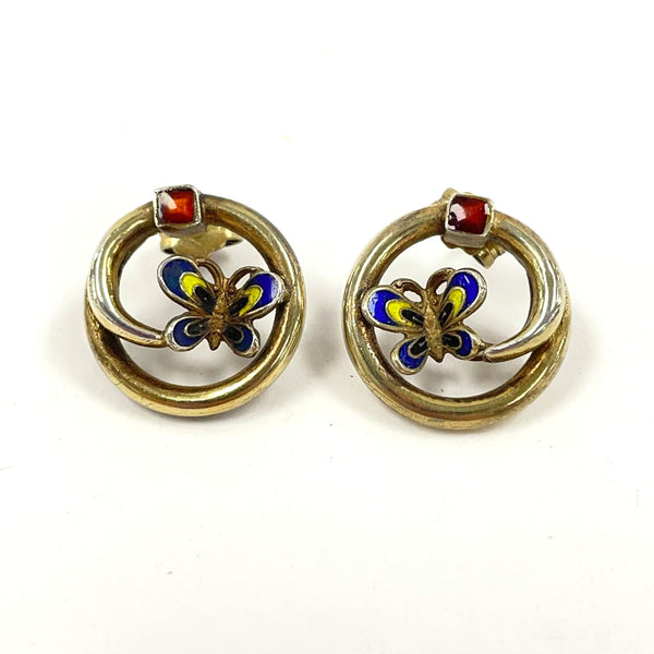 VNTG .75" Sterling Silver Vermeil Cloisonne Enamel Butterfly Post Earrings 6.72g