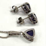 925 Sterling Silver Trillion Amethyst Earrings And Pendant Set 4.1 Grams