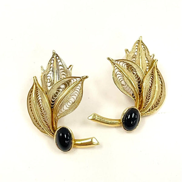14K Yellow Gold Filigree Leaf Post Earrings with Onyx Accents, 4.96g