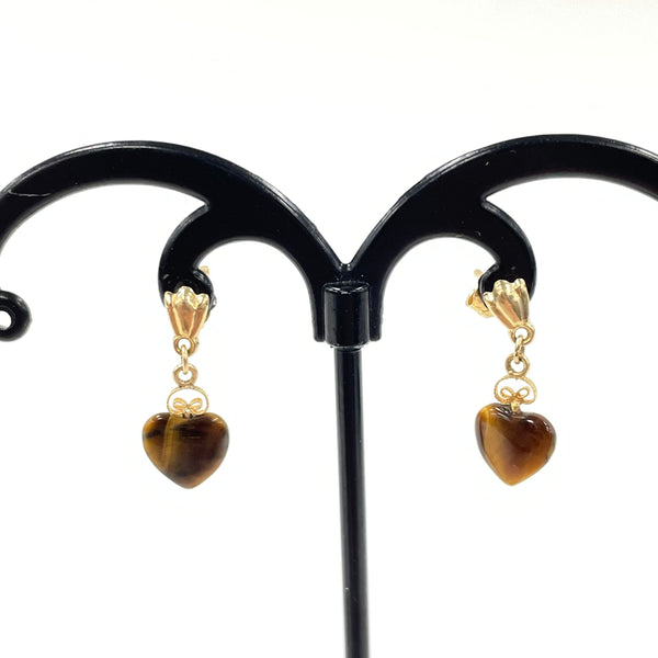 14K Yellow Gold Tiger's Eye Heart Post Drop Dangle Earrings, 1.07g