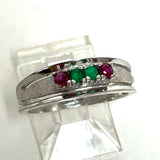 14K White Gold Emerald & Ruby Accent Band Style Ring Size 6, 2.89g