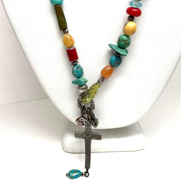 23" Handcrafted Stone, Trade Bead, and Suede Necklace with Sterling Charm