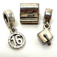 Pandora Set of 3 Sterling Silver Slide Charms: Sweet 16, Graduation, Good Luck