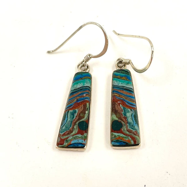 Sterling Silver 1.5" Long Rainbow Silica Stone Bezel Dangle Earrings, 3.31g