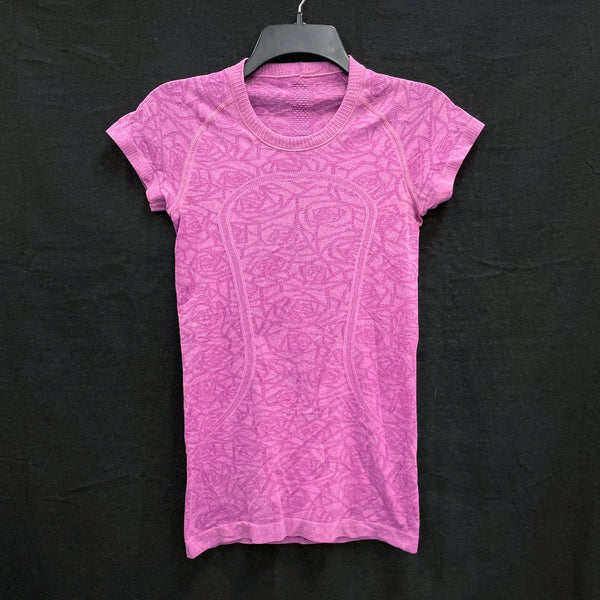 Wmns LULULEMON Purple Rosette Swiftly Tech Short Sleeve Stretch Shirt Sz 4