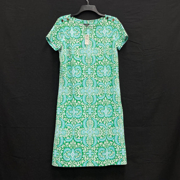 NWT Wmns TALBOTS Blue Green Damask Short Sleeve Casual Dress Sz M MSRP$139