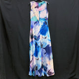 NWT Wmns FRANK LYMAN Blue Abstract Watercolor Long Chiffon Maxi Dress 8 MSRP$270