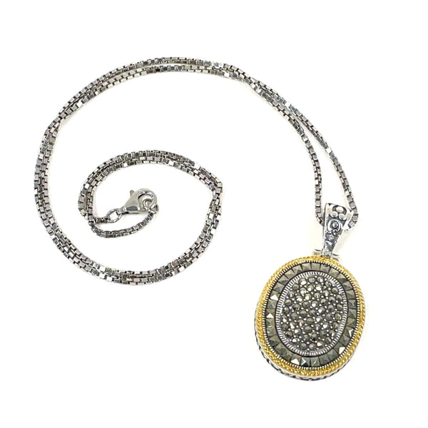 Suspicion Sterling Silver Two-Tone Marcasite Oval Pendant Necklace, 13.52g