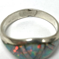 925 Sterling Silver S.M. Inlay Lab Opal Dainty Band Ring 2.00 Gram SZ 5 1/2