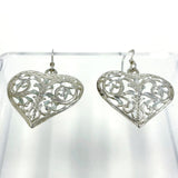 925 Sterling Silver Filigree Open Work Heart Dangle Earrings