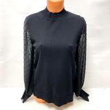 NWT CeCe Women's Sz S Rich Black Mock Neck Clip Dot Sheer Long Sleeve Sweater